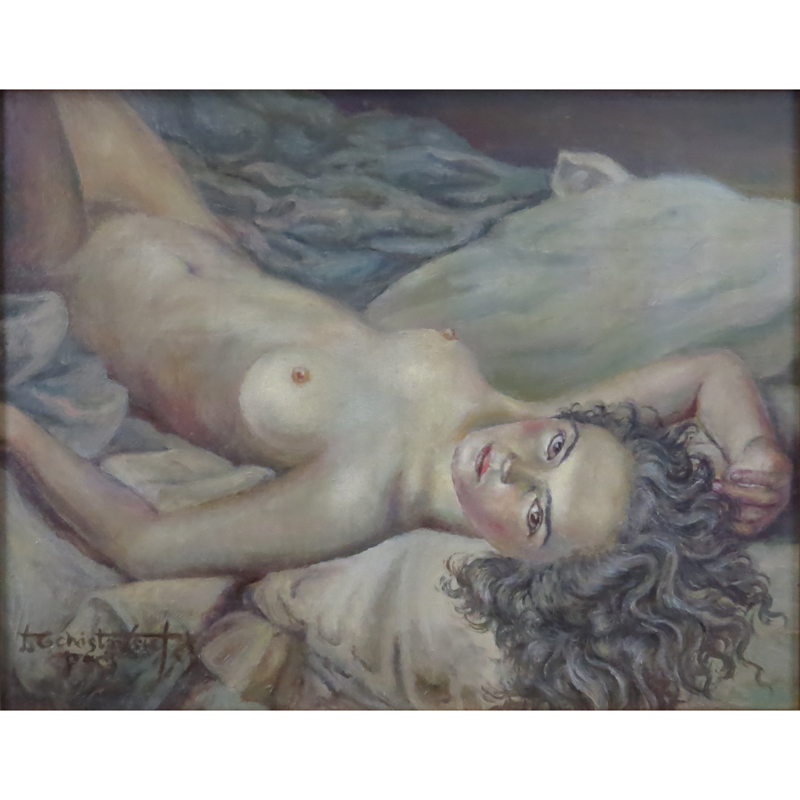 Mid 20th Century Russian Oil on Masonite, Reclining Nude