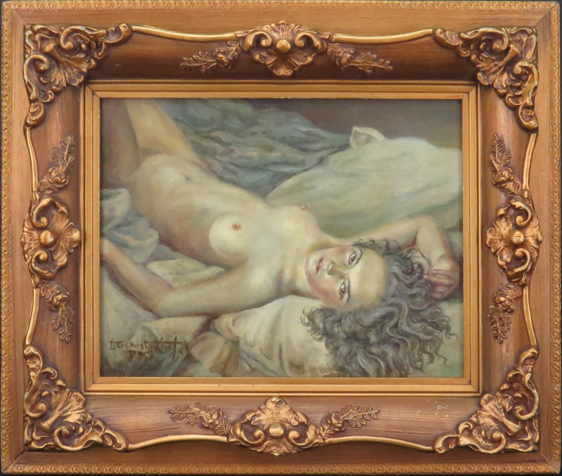 Mid 20th Century Russian Oil on Masonite, Reclining Nude