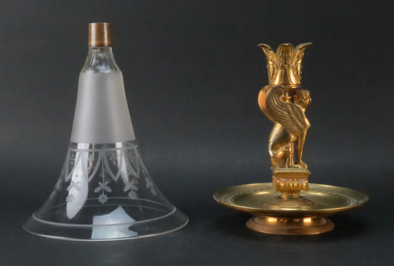 Pair Antique French Empire Ormolu and Etched Crystal Vases