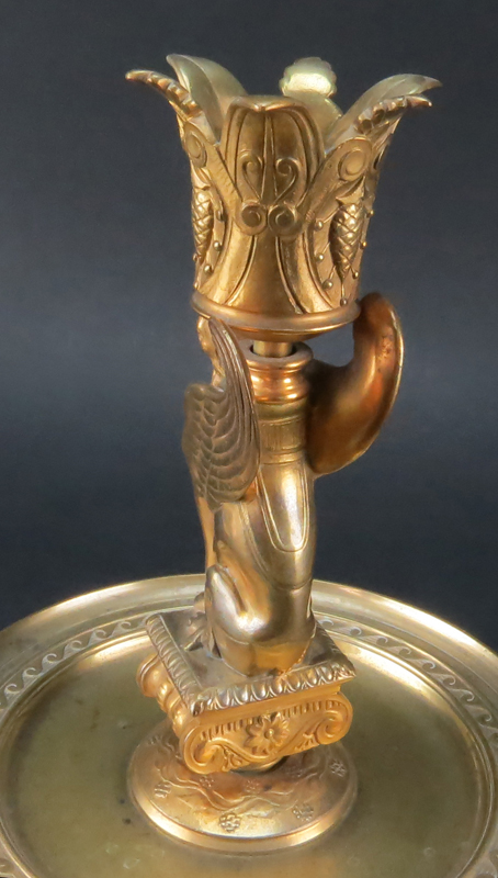 Pair Antique French Empire Ormolu and Etched Crystal Vases