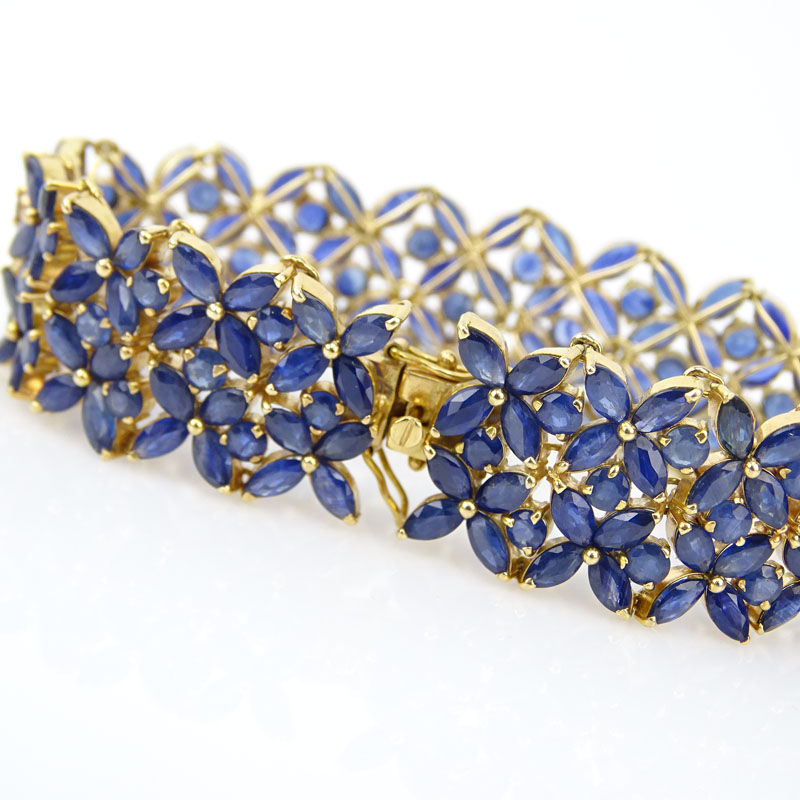 Round and Marquise Cut Sapphire and 14 Karat Yellow Gold Bracelet