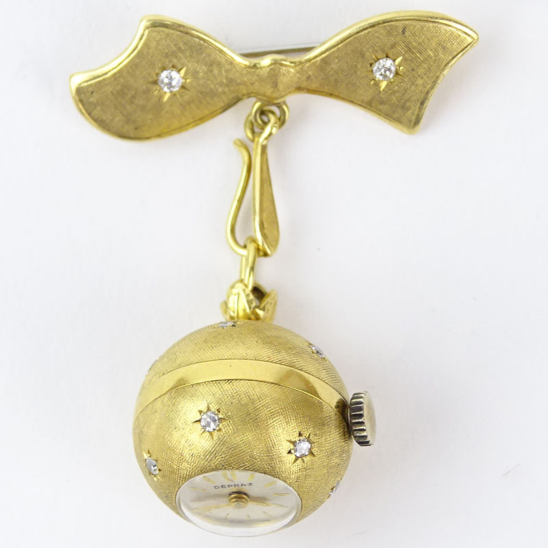 Lady's Vintage Depraz 18 Karat Yellow Gold and Diamond Pendant Ball Brooch Watch