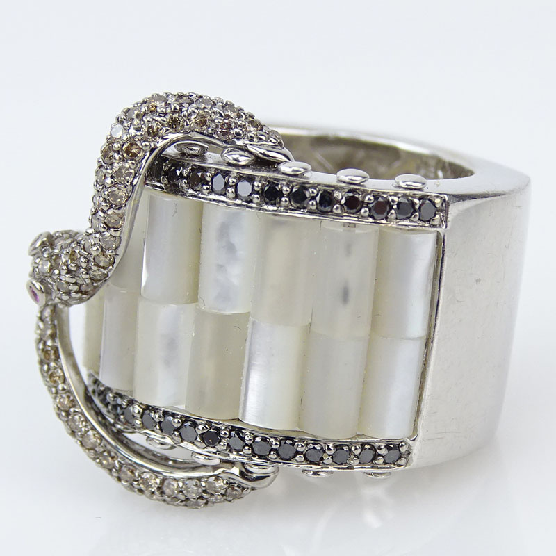 Diamond, 18 Karat White Gold and Mother of Pearl Snake Ring