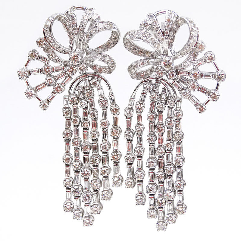 14.0 Carat Round Brilliant and Baguette Cut Diamond and 18 Karat White Gold Chandelier Earrings.