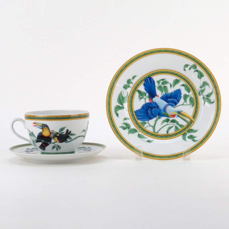 Hermes "Toucan" Porcelain Breakfast Cup, Saucer, and Dessert Luncheon Plate Set