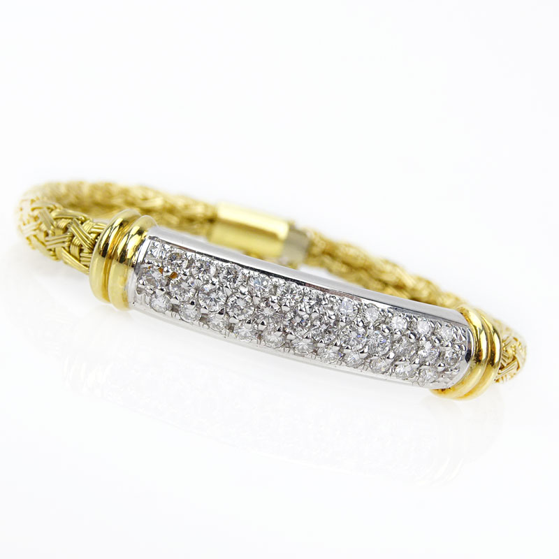 1.70 Carat Pave Set Round Brilliant Cut Diamond and 18 Karat Yellow and White Gold Bracelet.