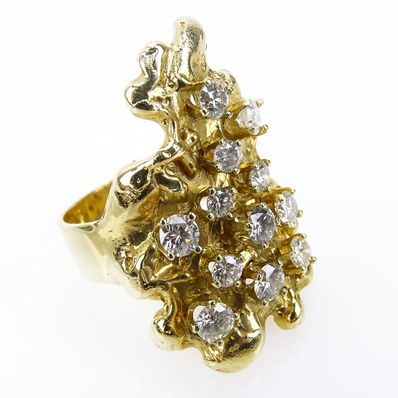 Lady's Round Brilliant Cut Diamond and 14 Karat Yellow Gold Nugget style Cluster Ring