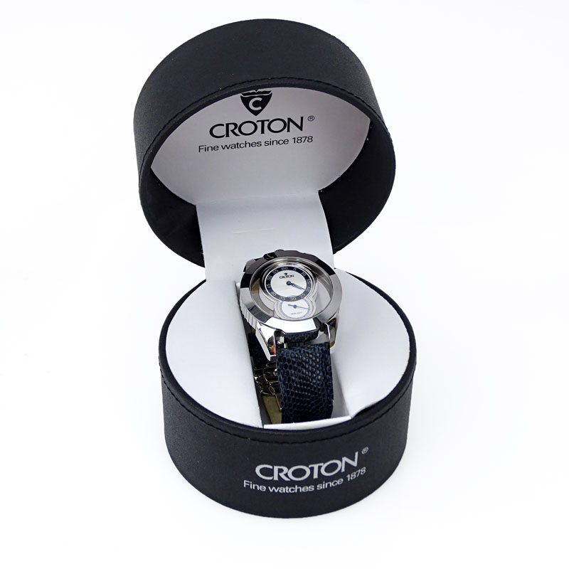 New in Box Croton Man's Swiss Movement Quartz See Through Modulator Watch with Tungsten Bezel, Sapphire Crystal and Lizard Strap Watch Model J174666