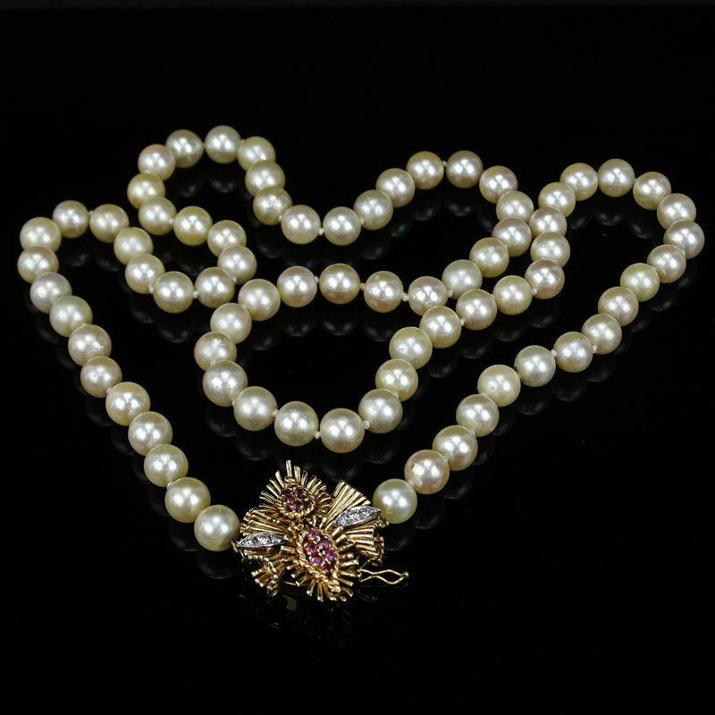 Vintage Single Strand White Pearl Necklace with 14 Karat Yellow Gold Clasp accented with Diamonds and Rubies