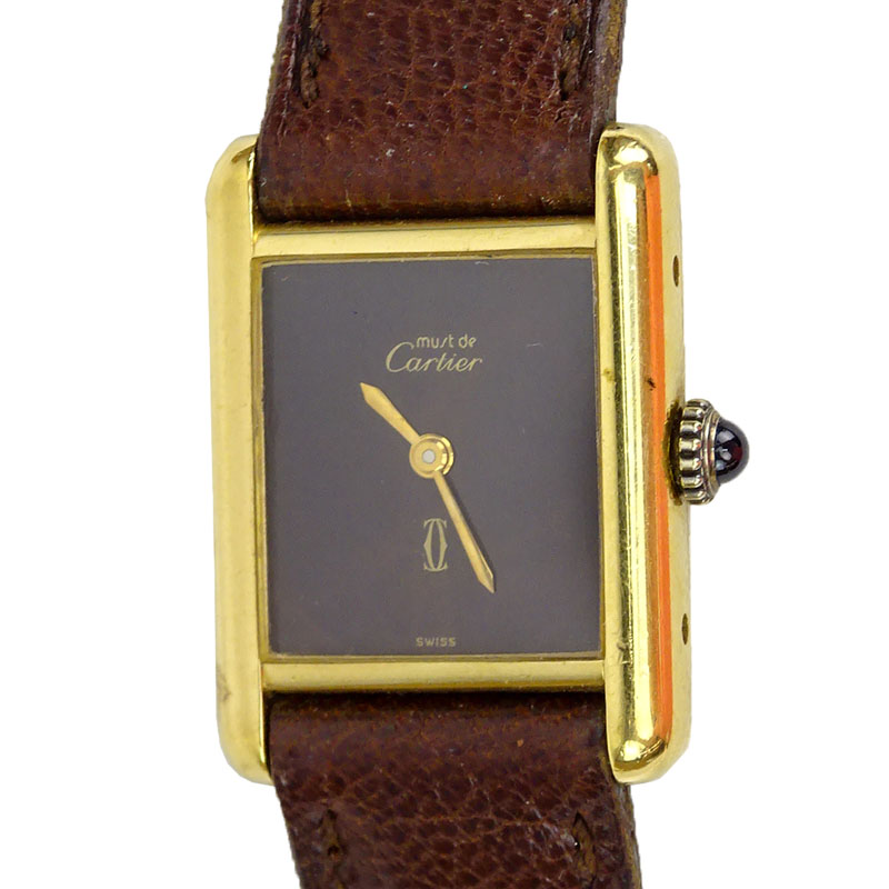 1977 Must de Cartier Women's 18k Gold Plated Tortoise Tank Wristwatch With Leather Strap