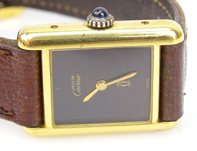 1977 Must de Cartier Women's 18k Gold Plated Tortoise Tank Wristwatch With Leather Strap