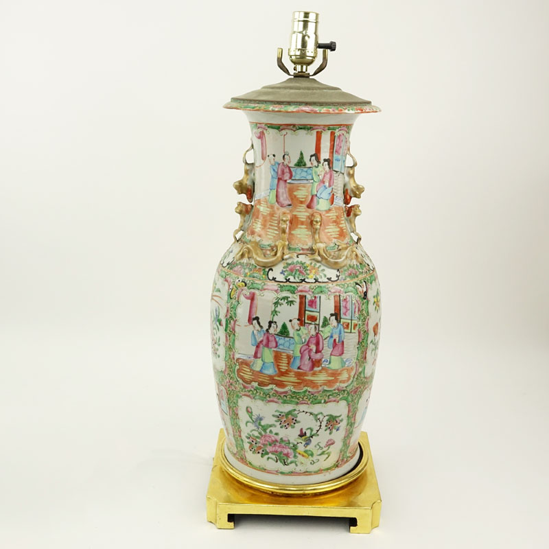 Late 19th or Early 20th Century Chinese Rose Medallion Porcelain Vase Mounted as Lamp