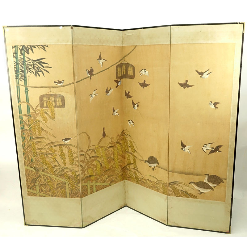 Vintage Japanese Four (4) Panel Paper, Fabric and Wood Screen