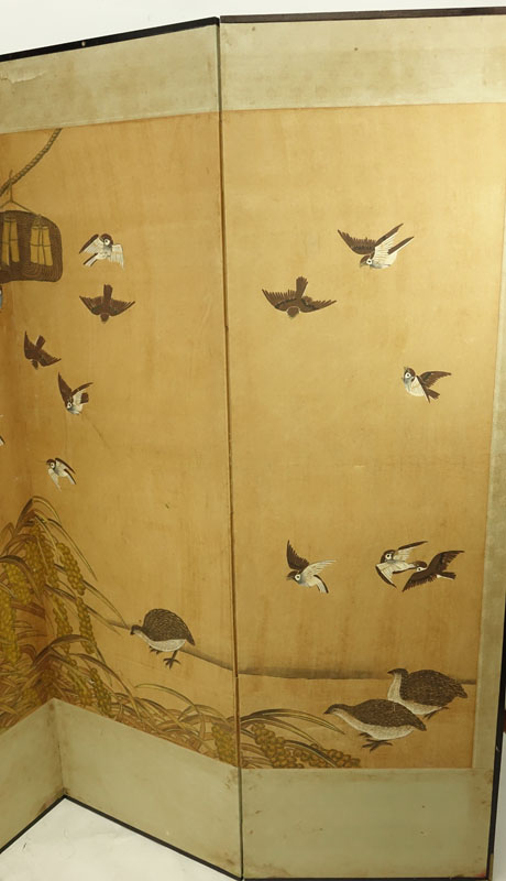 Vintage Japanese Four (4) Panel Paper, Fabric and Wood Screen