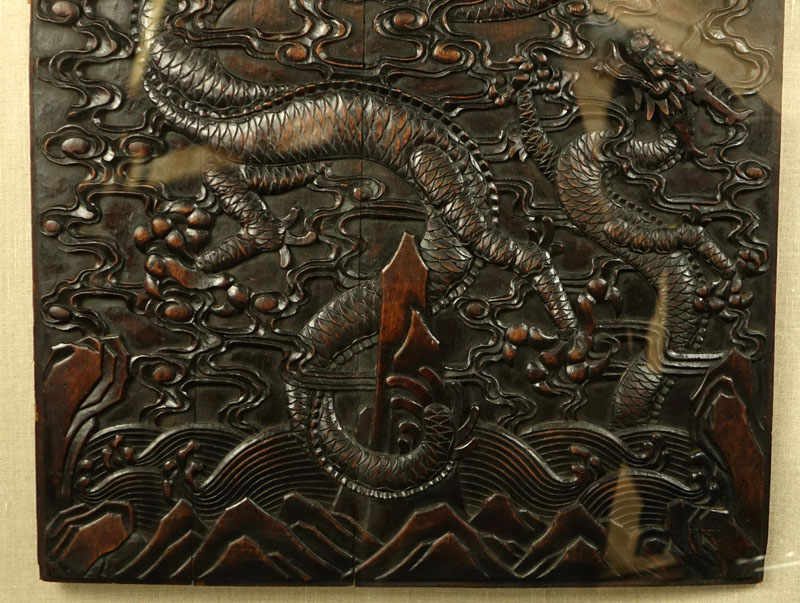 Possibly 19th Century Chinese Deep Relief Carved Wood Panel In Shadowbox Frame