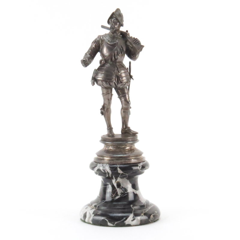 Modern Silvered Bronze Figurine On Marble Base "Armored Soldier" Signed Guillemin