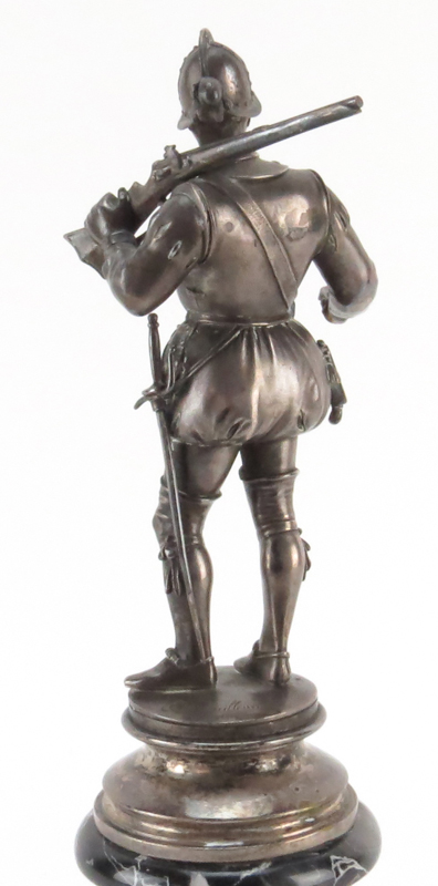 Modern Silvered Bronze Figurine On Marble Base "Armored Soldier" Signed Guillemin