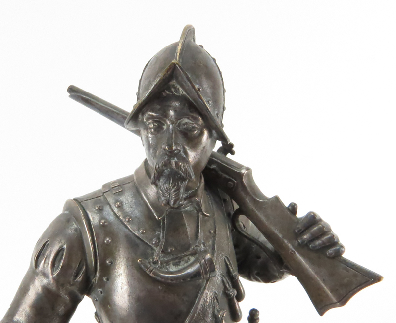 Modern Silvered Bronze Figurine On Marble Base "Armored Soldier" Signed Guillemin