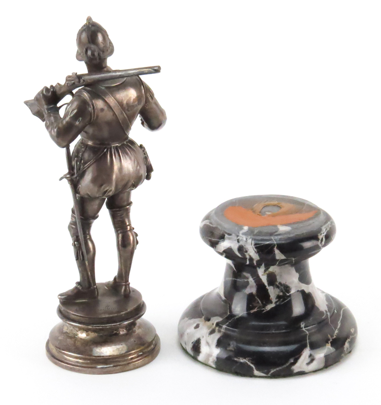 Modern Silvered Bronze Figurine On Marble Base "Armored Soldier" Signed Guillemin