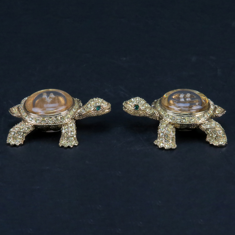 Set of Two (2) L'Objet Gold Plated and Swarovski Crystals Turtle Form Shakers in Original Fitted Box