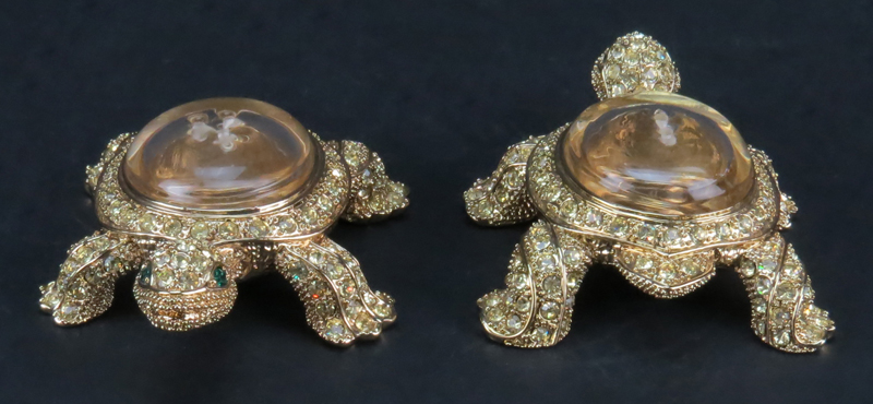 Set of Two (2) L'Objet Gold Plated and Swarovski Crystals Turtle Form Shakers in Original Fitted Box