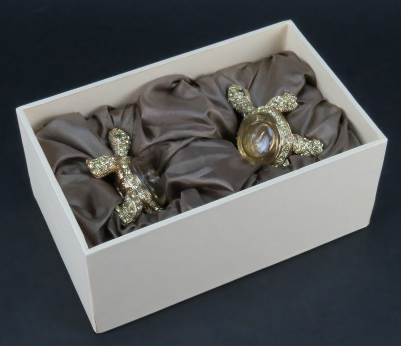 Set of Two (2) L'Objet Gold Plated and Swarovski Crystals Turtle Form Shakers in Original Fitted Box