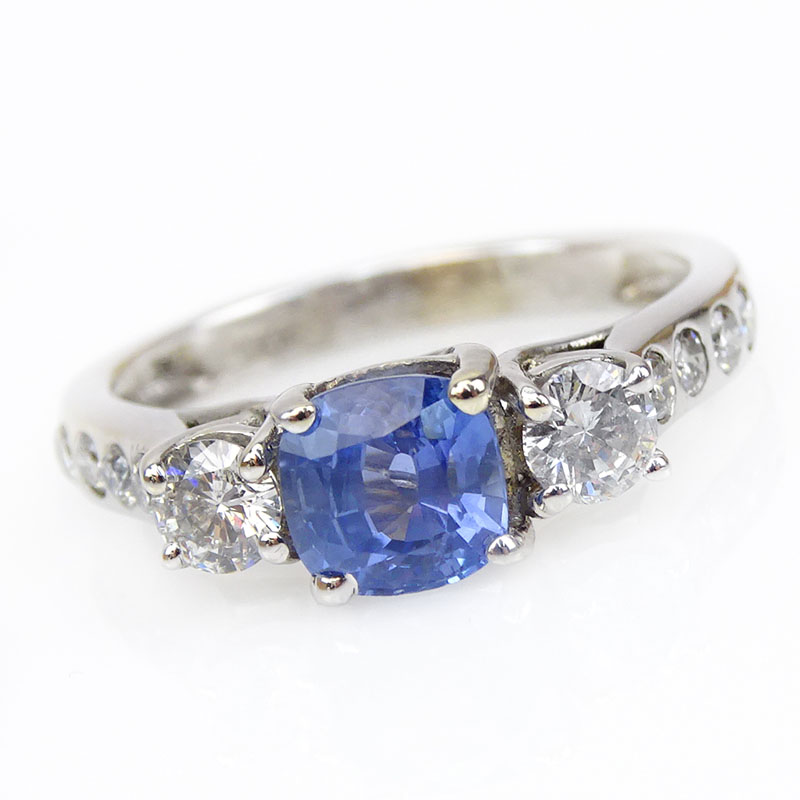 1.24 Carat Cushion Cut Natural Unheated Sapphire, Diamond and 18 Karat White Gold Ring.