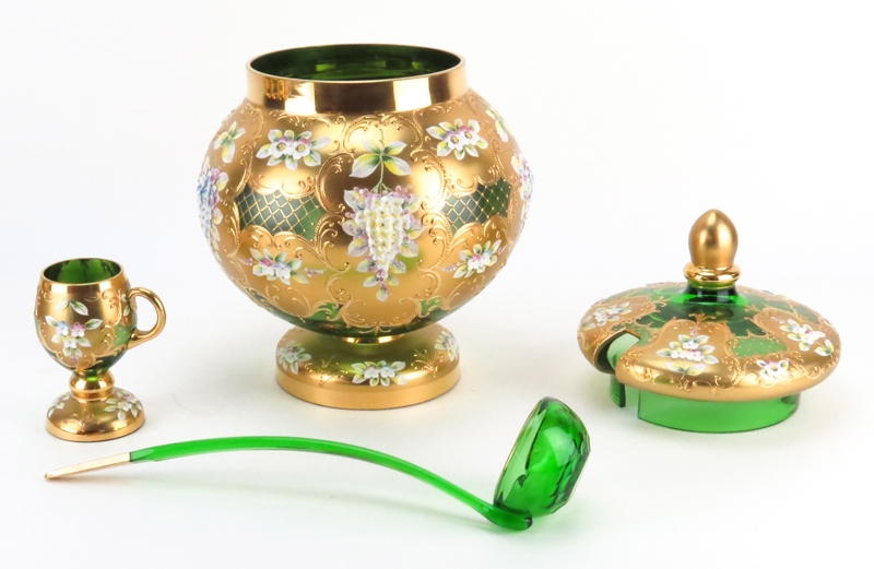 Fourteen (14) Piece Murano Hand Blown Green Glass and Gilt Overlay Punch Set