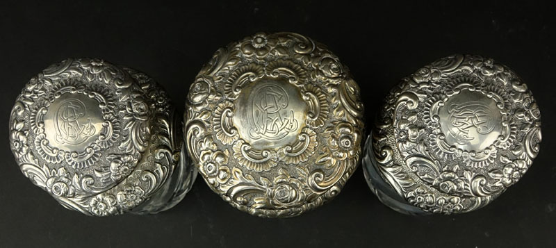 Three (3) Antique Repousse Sterling Silver and Swirl Glass Dresser-ware