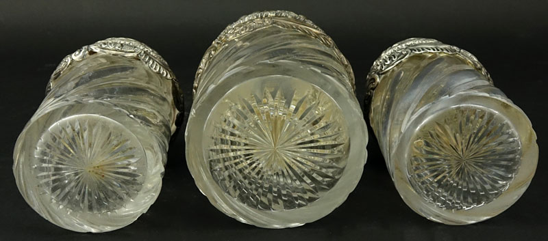 Three (3) Antique Repousse Sterling Silver and Swirl Glass Dresser-ware