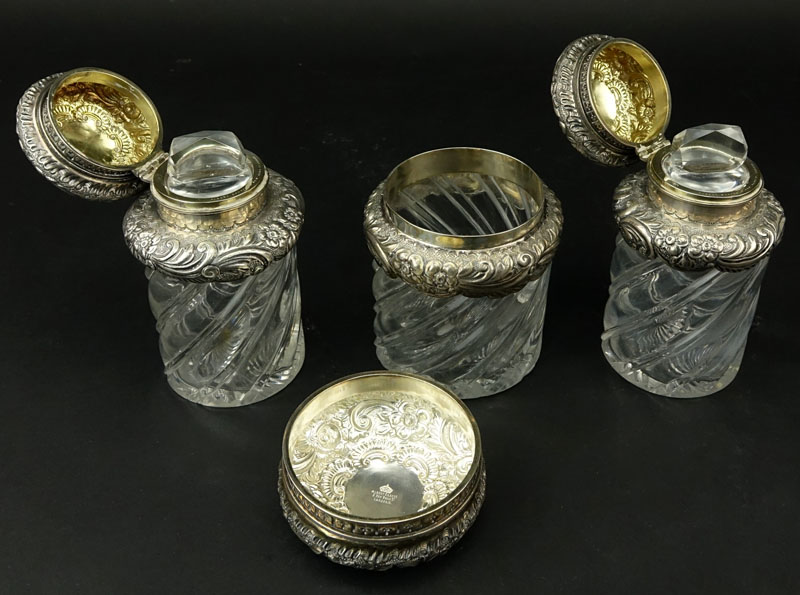 Three (3) Antique Repousse Sterling Silver and Swirl Glass Dresser-ware