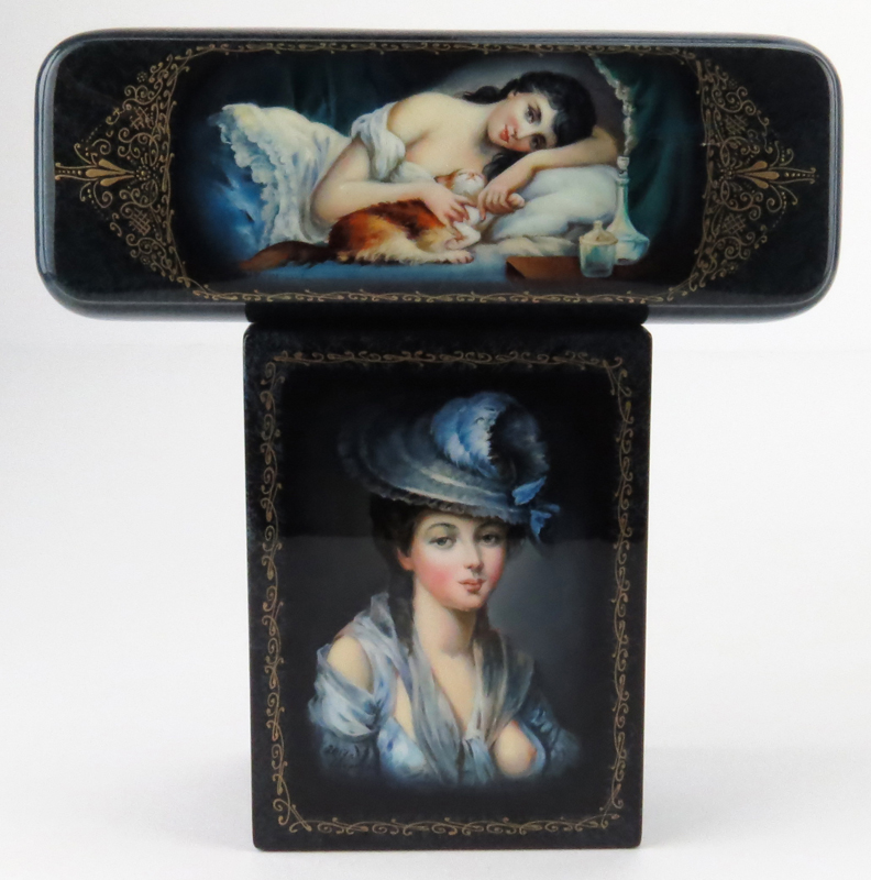 Russian "Erotica" Lacquered Playing Card Box and Eye Glass Case