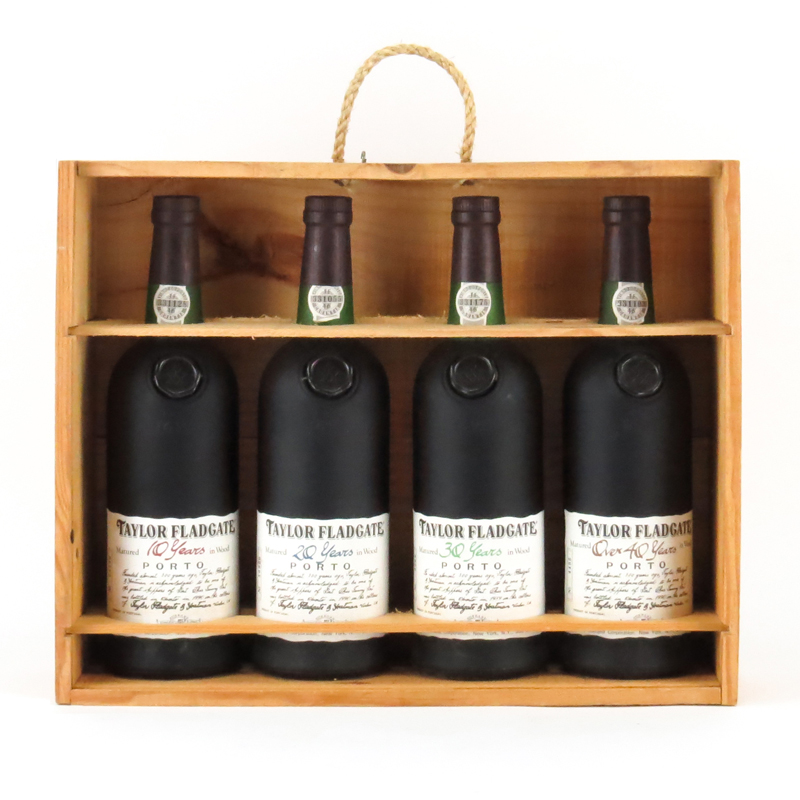 Four (4) Taylor Fladgate Port Wine Bottles on Wooden Case