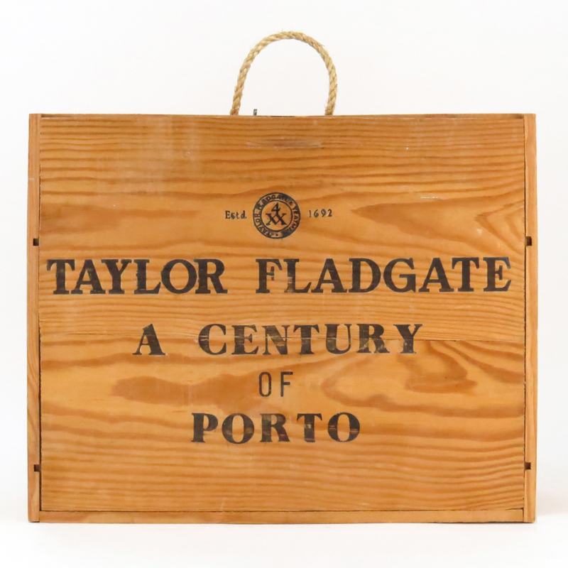 Four (4) Taylor Fladgate Port Wine Bottles on Wooden Case
