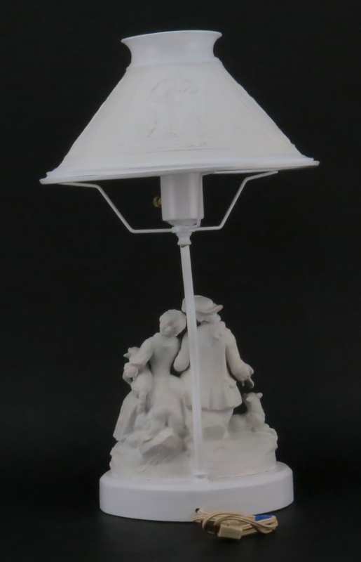 Pair of Vintage Bisque Porcelain Figural Lamp With Lithopane Shade