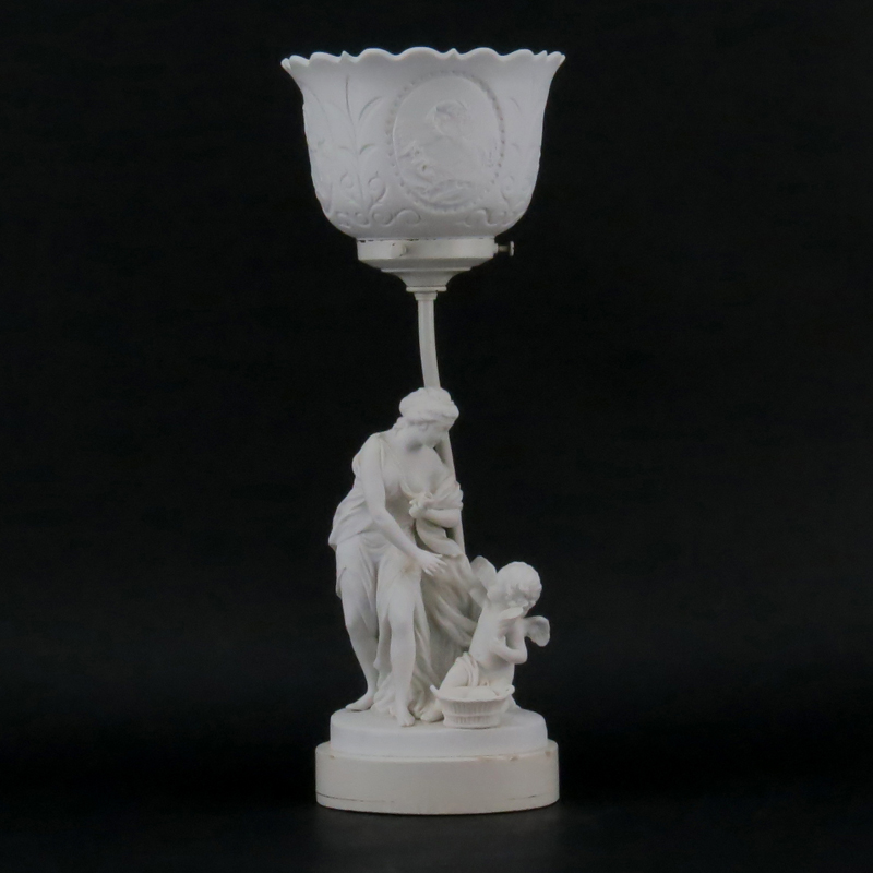 Vintage Bisque Porcelain Figural Lamp With Lithopane Shade