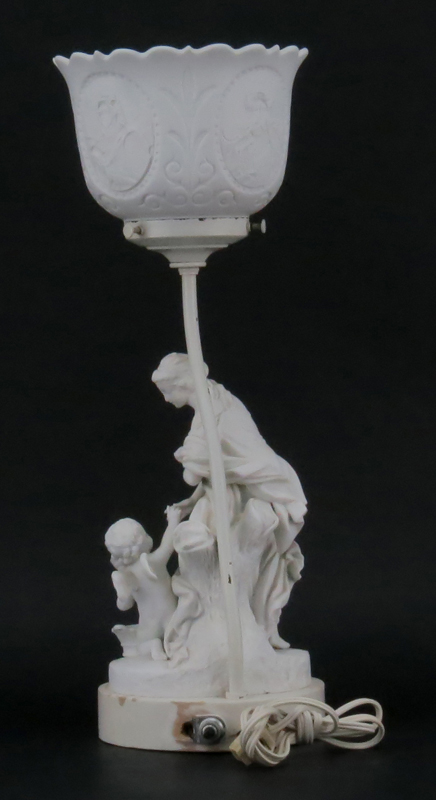 Vintage Bisque Porcelain Figural Lamp With Lithopane Shade