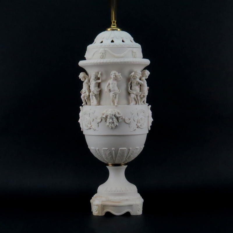 19/20th Century Sevres Style Bisque Figural Lamp with Cherub Finial