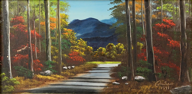 Iva Prince, American (20th C) Two oil on board regional Tennessee paintings "Wild Indian Trail, Gatlinburg", "Motor Nature Trail (Summer)" Signed and dated Prince 1971, inscribed en verso