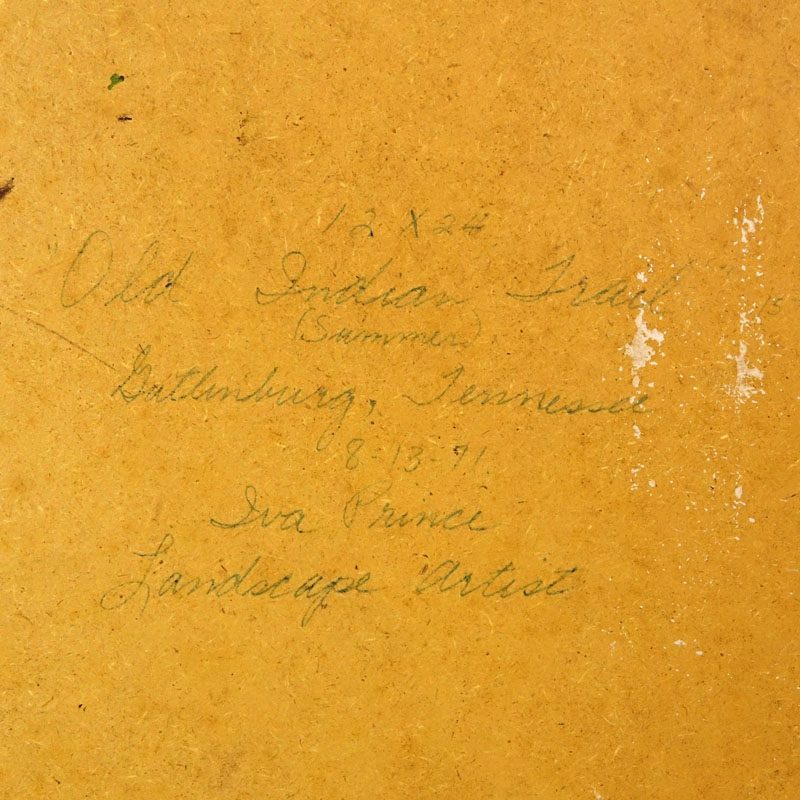 Iva Prince, American (20th C) Two oil on board regional Tennessee paintings "Wild Indian Trail, Gatlinburg", "Motor Nature Trail (Summer)" Signed and dated Prince 1971, inscribed en verso