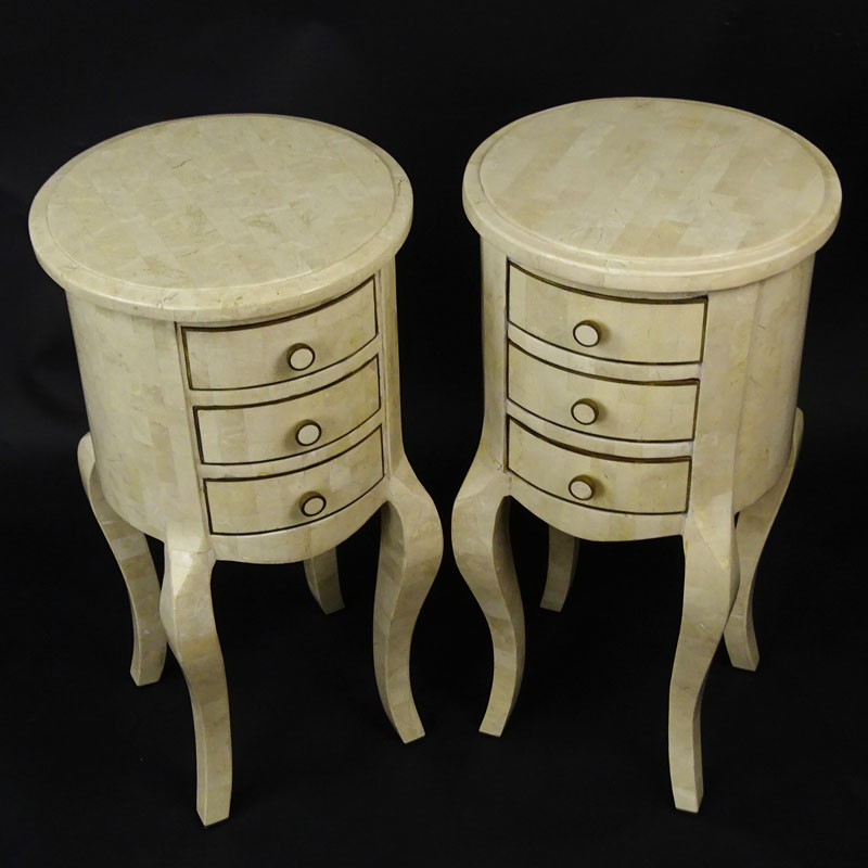 In the Manner of Maitland and Smith: Pair of Tessellated Marble and Brass Round Tables