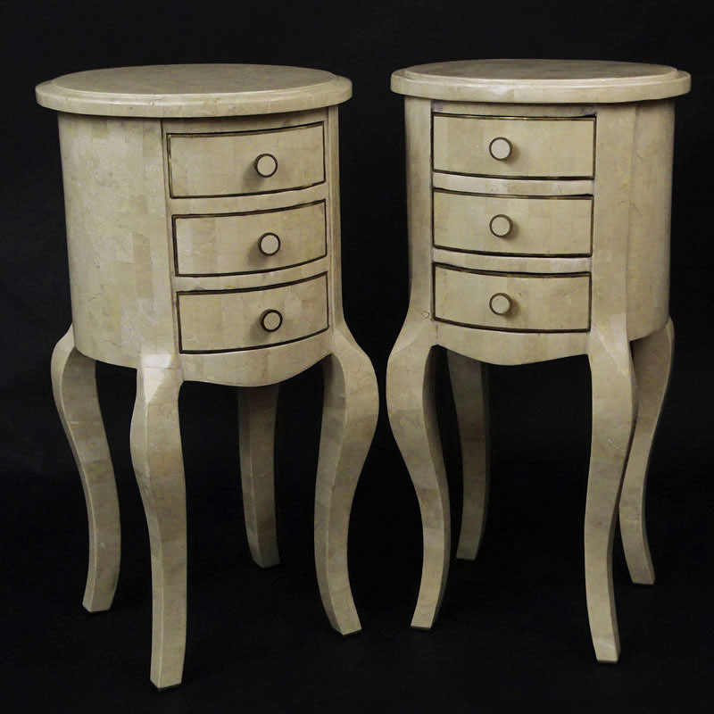 In the Manner of Maitland and Smith: Pair of Tessellated Marble and Brass Round Tables