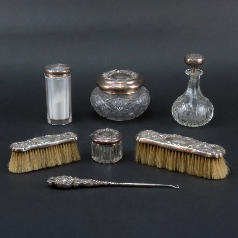 Art Nouveau Assembled Sterling and Glass Dresser Set