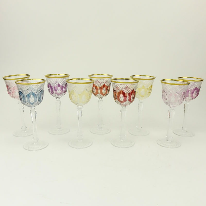 Nine (9) Antique French Cut Crystal Overlay Stemware