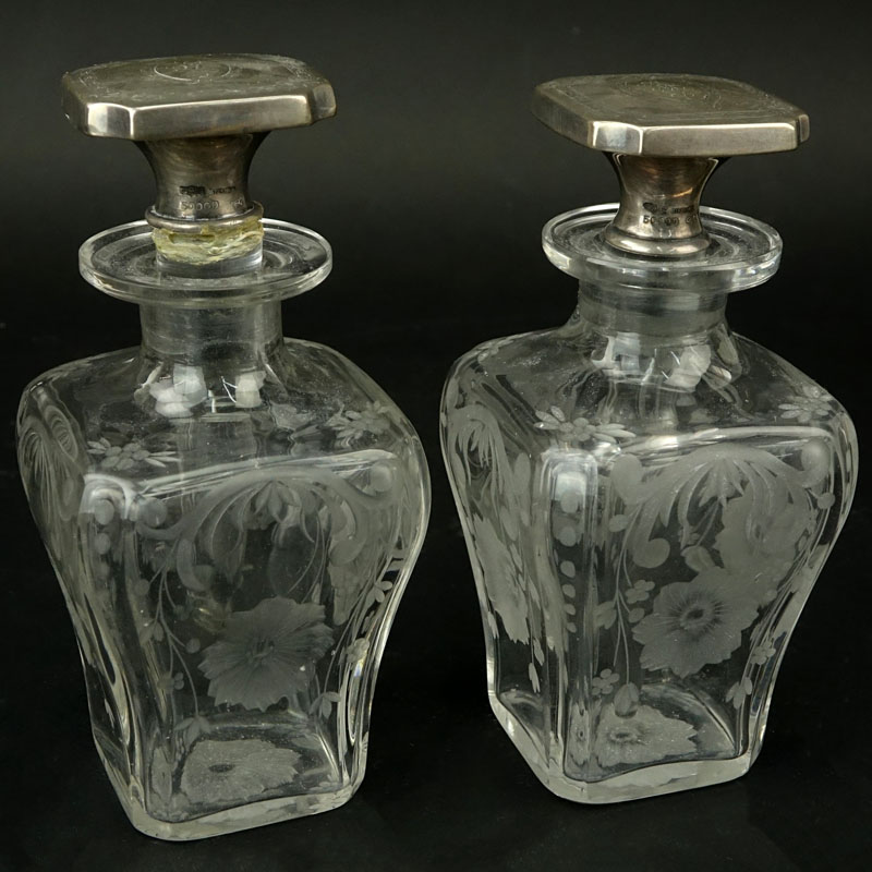 Pair of Gorham Art Deco Sterling Silver and Etched Crystal Perfume Bottles