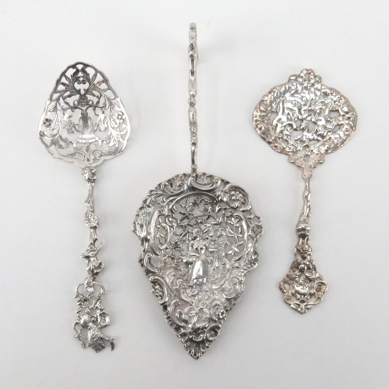 Grouping of Three (3) Antique Repousse Sterling Silver Open Work Figural Relief Tableware