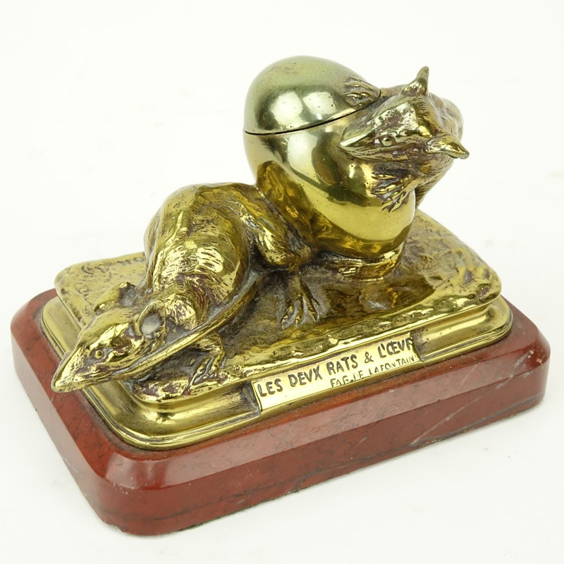 Antonin Aigon, France (1837-1885) "Les Deux Rats et L'oeuf" Bronze Inkwell on Marble Base