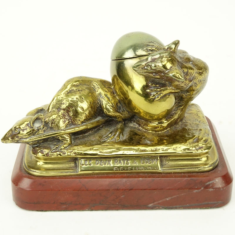 Antonin Aigon, France (1837-1885) "Les Deux Rats et L'oeuf" Bronze Inkwell on Marble Base