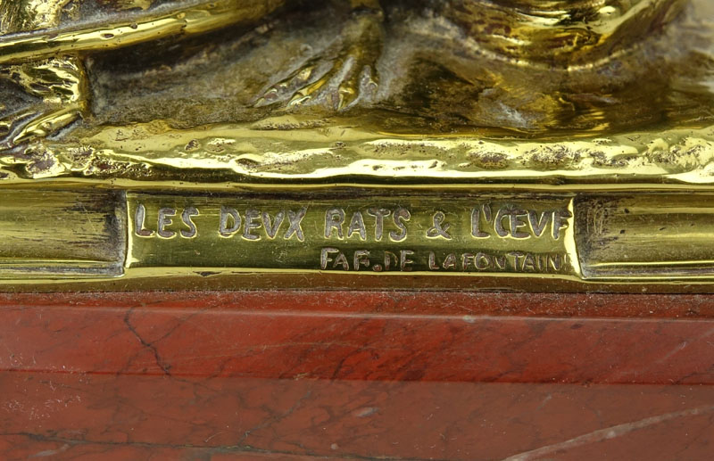 Antonin Aigon, France (1837-1885) "Les Deux Rats et L'oeuf" Bronze Inkwell on Marble Base