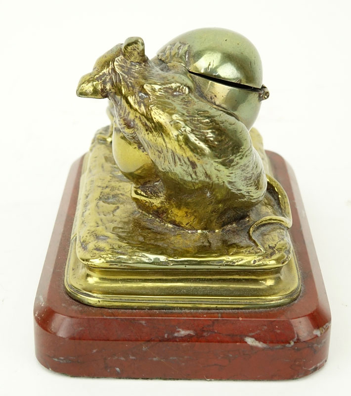 Antonin Aigon, France (1837-1885) "Les Deux Rats et L'oeuf" Bronze Inkwell on Marble Base